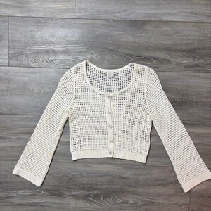 A New Day Open Weave Knit White Button Up Cropped Cardigan Extra Small